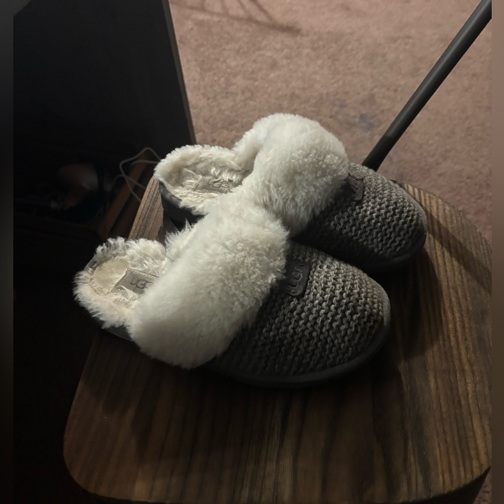 UGG Charcoal Knit Slippers with Fluffy White Lining